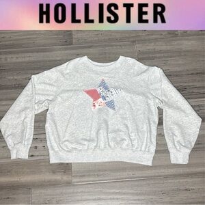 HOLLISTER QUILTED EASY STAR GRAPHIC CREW LIGHT GREY LONG SLEEVE SWEATSHIRT